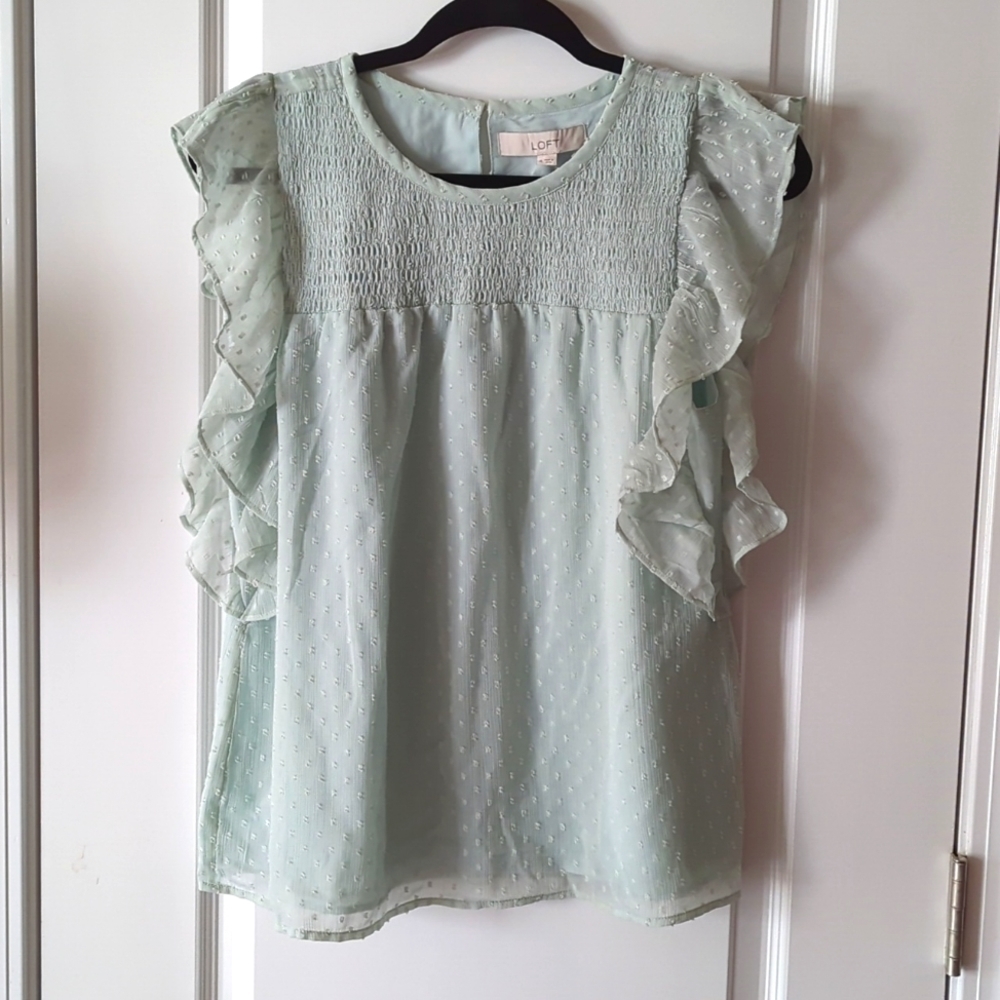 LOFT Light Green Ruffle Blouse